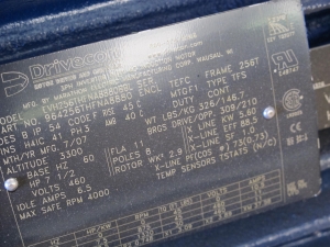 MOTOR, ELECTRIC TYPE, 7.5 HORSEPOWER, 460/3/60 ELEC RATING, 900 RPM, 256T FRAME, 11 FLA AMPS, TENV ENCLOSURE, CONTINUOUS, PREMIUM SEVIRE DUTY. ACCESSORY TROLLEY, W/110V HEATER, CLASS H INSULATION. W/DISK BRAKE, STEARNS NEMA 4, 50FT/LB W/HEATER. PART # 256THFNA8880 (W-44) LOADING & HANDLING FEE $15-